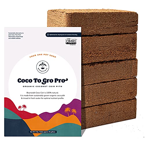 Organic Coco Coir (7 lbs, 5 Pack of 1.4 lb Bricks) Coco to GRO Pro by Beanstalk, Coco Coir Bricks, OMRI, Coconut Coir Brick, Coco Coir Soil, Coco Peat, Mushroom Substrate, Yields 10 Gal Coco Soil