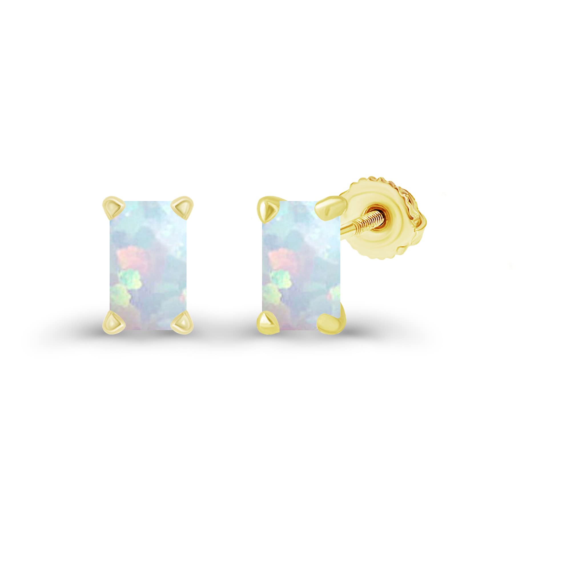 14K Gold Plated 925 Sterling Silver Hypoallergenic 6x4mm Emerald Cut Prong Set Genuine Birthstone Solitaire Screwback Stud Earrings