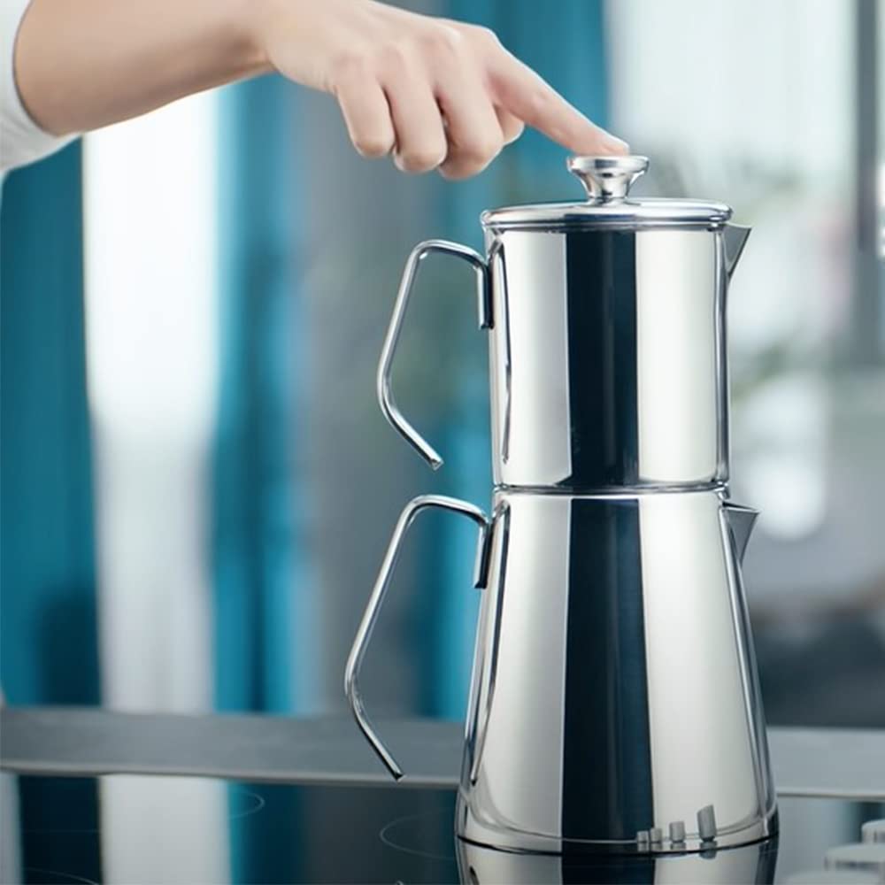Turecki zestaw czajniczek A225 Aqua, stal nierdzewna 18/10, podwójna prasa francuska, metalowe uchwytły, 900 i 1500 ml