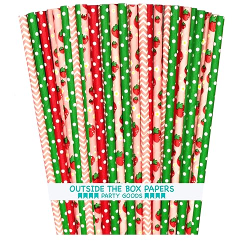 Pitillos de papel con diseño de fresas, pack 100 miniatura 1