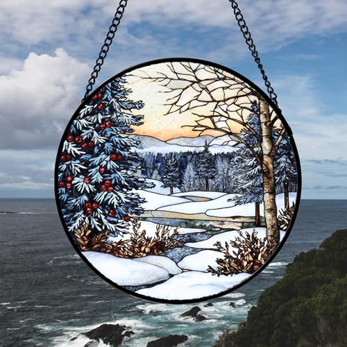 Image of DASTOLL Stained Glass Window Hanging, Winter Snow Landscape Suncatcher Diamond Glass Panel Sun Catchers Decor for Birthday for Women, Men, Wife, Aunt, and Mom 6.3x6.3 in