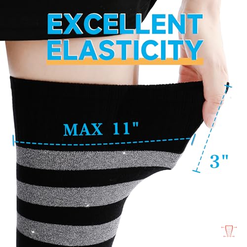 Image of Kayhoma Extra Long Cotton Stripe Thigh High Socks Punk Style Over the Knee High Stockings, Silver, 1 Pair, Medium, Silver /Black
