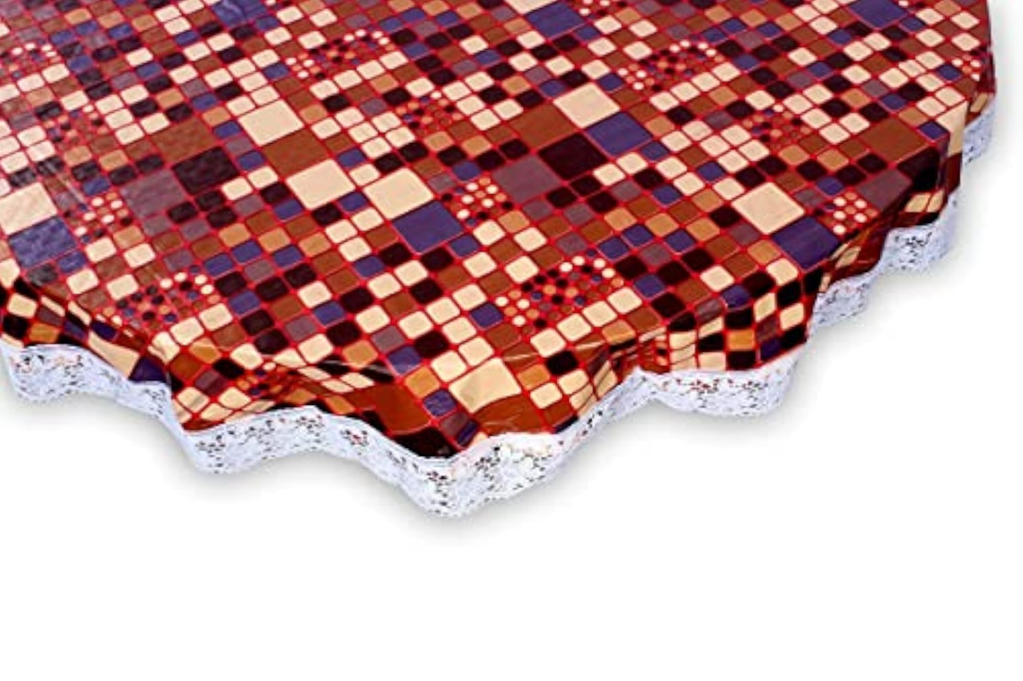 Multi Color Square Printed Table Cloth with White Lace, Waterproof