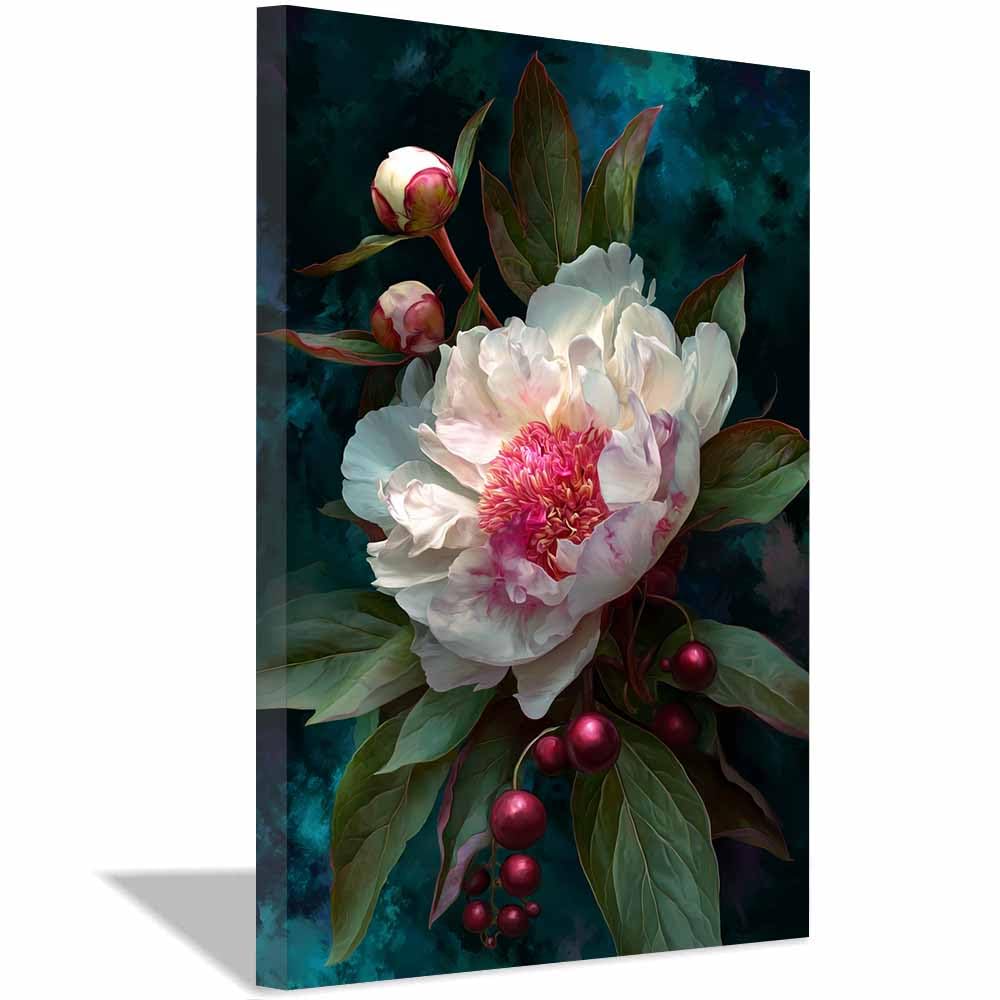 Hoqiu Multicolor Flower Wall Art Canvas Peony Withs Reds Berries Artwork, Wall Decoration Living Room Bedroom Hallway Stairs Decoration.(Multicolor)-70X100cm Framed