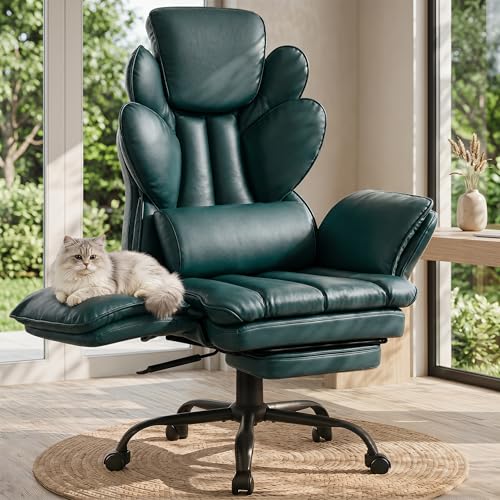 Image of Flip Armrests Criss Cross Office Chair, Reclining Office Chair with Foot Rest, Adjustable Headrest, Massage Waist Pillow, Cross Legged Big and Tall Desk Chair Wide Seat Vanity Chair, Green PU Leather