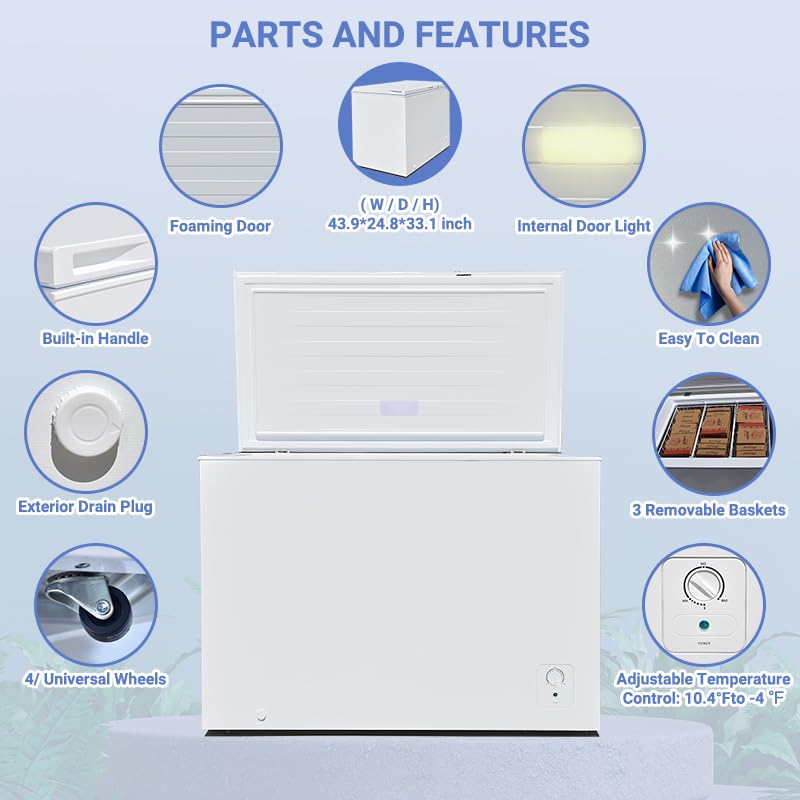 Smeta Chest Freezer 10.5 Cubic Feet, Deep Freezer, Garage Ready With 3 Basket, Low Noise, Adjustable Thermostat, Energy Saving With 4 Wheels, Kitchen, Office, Meat, House, White on Fridge.com - View 2