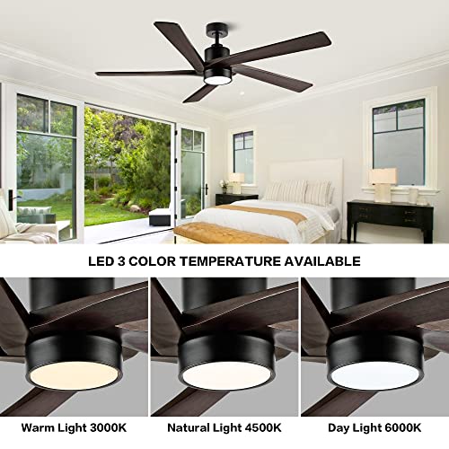 Image of WINGBO 64 Inch DC Ceiling Fan with Lights and Remote Control, 5 Reversible Carved Wood Blades, 6-Speed Noiseless DC Motor, Modern Ceiling Fan in Matte Black Finish with Walnut Blades, ETL Listed