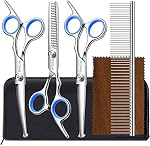 Bamlue 6 in 1 Professional Stainless Steel 4CR Safety Round Tip Dog Grooming Scissors, Anti-Rust Shears Cat Grooming Scissors Pet Kit, Thinning Straight Comb for Long Short Hair-Blue