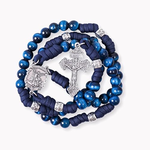 Nazareth Store St Michael Paracord Rosary, Rugged Rosary Necklace and One Decade Heavy Duty Rosary Set, Natural Stone Beads with Catholic Pardon Crucifix3