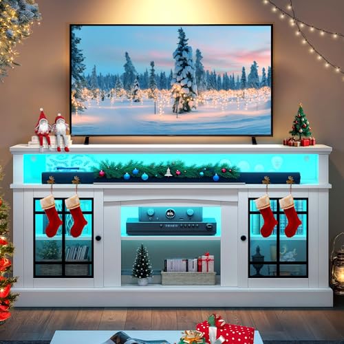 YITAHOME White TV Stand for 75 Inch TV, LED Modern Entertainment Center with Adjustable Shelves and Glass Doors, 32'' Tall Television Stands TV Media Console Table for Living Room, White