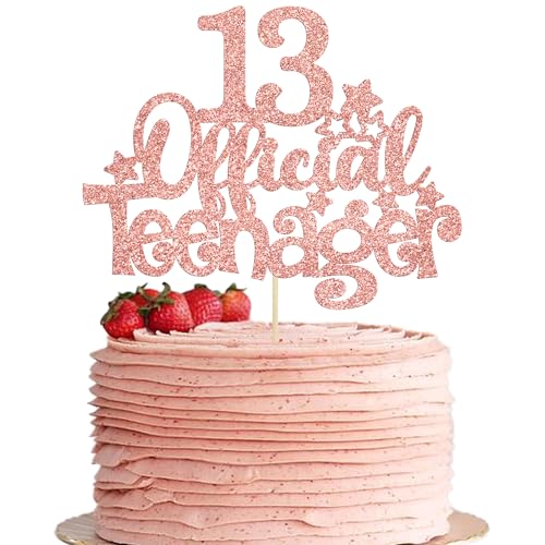 Gyufise 1Pcs 13 Official Teenager Cake Topper Glitter Happy 13th Birthday Cake Pick Decorations for Teen Cheers to 13 Years Birthday Party Supplies Rose Gold