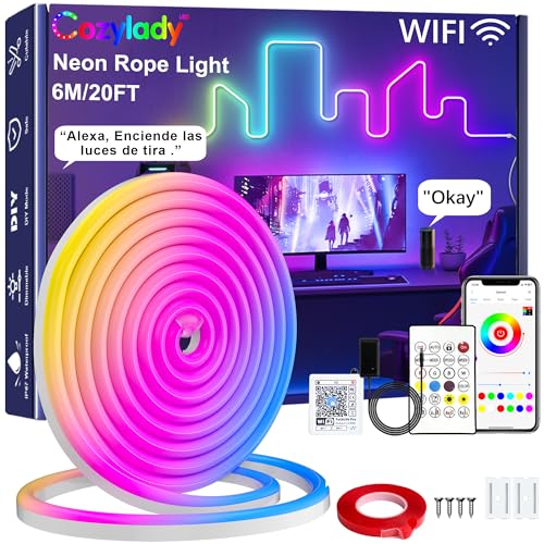 Cozylady LED neon Light WIFI 6M Smart RGB Outdoor Rope Lights Works with Alexa Google Assistant Music Sync DIY Design Waterproof Neon Strip lights for Bedroom Living Room Gaming1x6M)