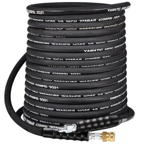 YAMATIC 3/8 Pressure Washer Hose 50 FT 3/8 4200 PSI Hot Water Power Washer Hose 360 Swivel 3/8 Quick Connect Heavy Duty Rubber Hose for Simpson Honda DeWalt Generac Troy-Bilt