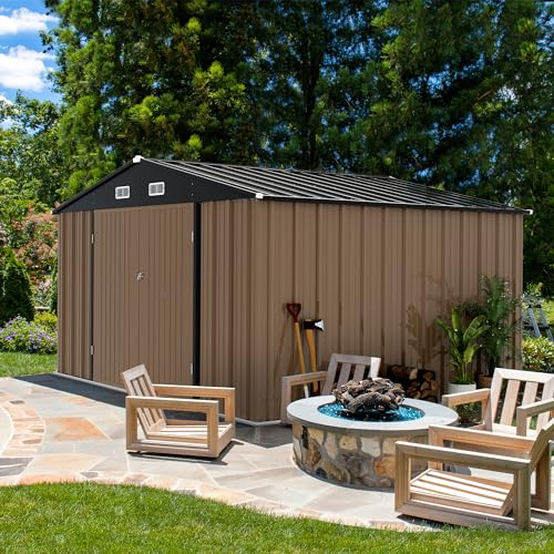 Image of Devoko 10 x 8 FT Outdoor Storage Shed, Metal Garden Sheds & Outdoor Storage Clearance, Large Tool Shed Outdoor with Single Lockable Door for Patio Lawn Backyard (Brown)