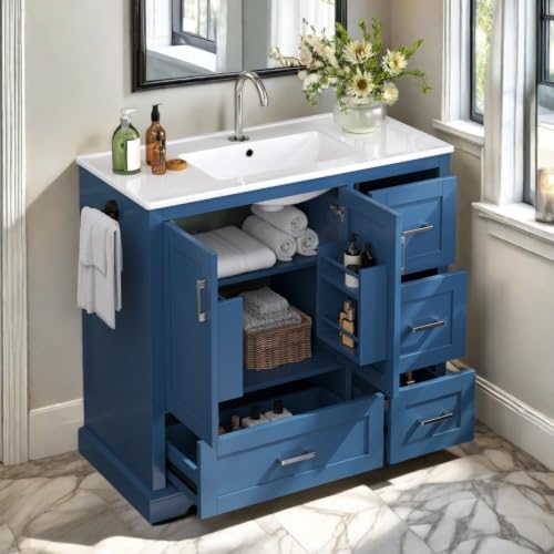 Praxatek 42" Bathroom Vanity with Ceramic Sink,4 Drawers,Navy Blue