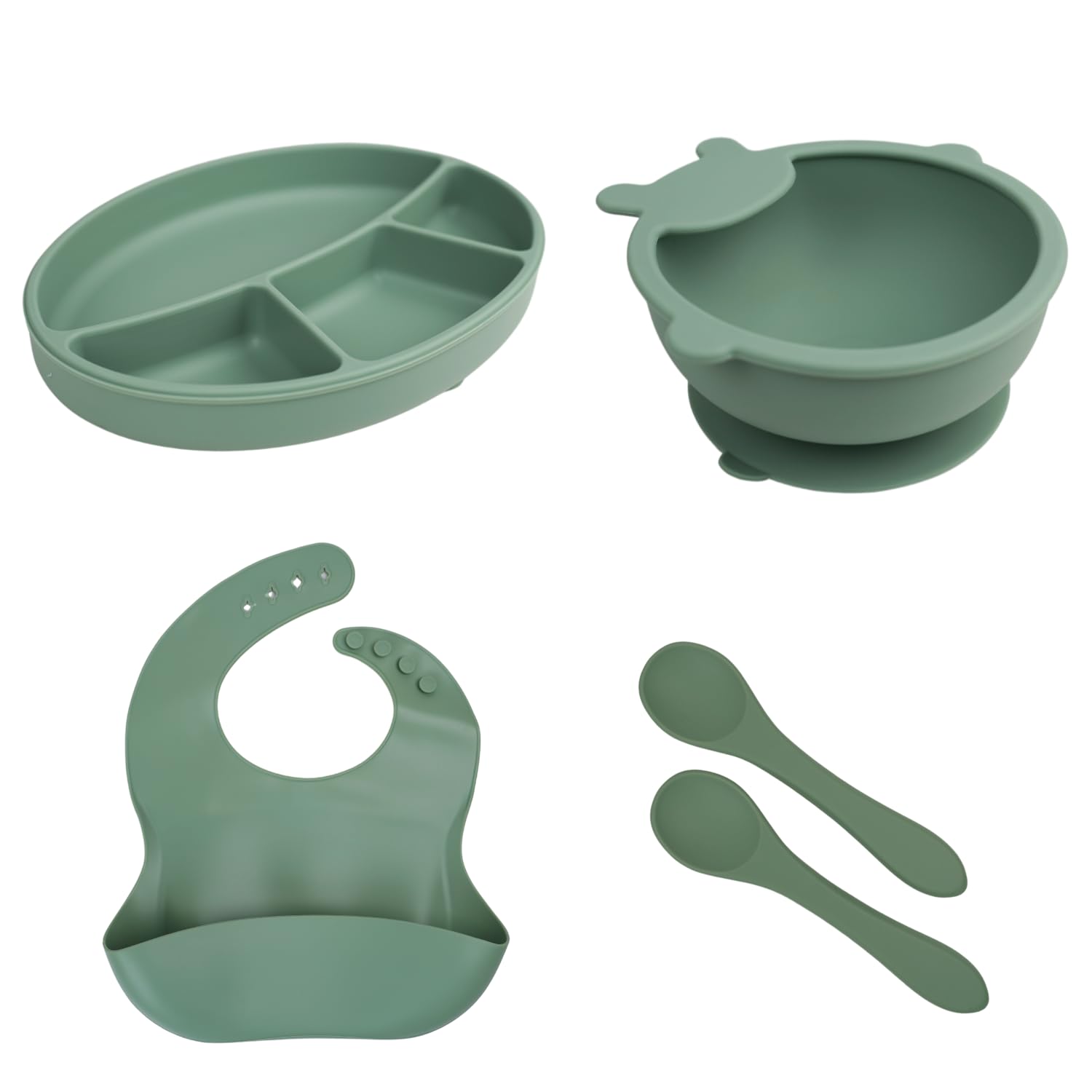 THERMOBABY - Baby-Mahlzeiten-Set aus Silikon – Teller, Schüssel, Lätzchen, rutschfeste Löffel – komplettes und praktisches Set für die ersten Mahlzeiten des Babys – Kaktusgrün