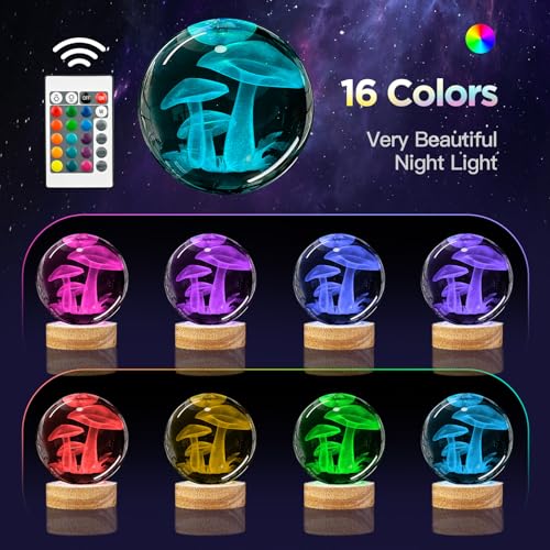 Image of 3D Crystal Ball Night Light with Wooden Base, Mushroom Glass Ball Lamp with 16 Colors and Remote Control - Cool Desk Decor Gift for Kids and Friends