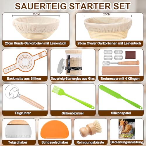 HELISAN 21-Teiliges Sauerteig Starter Set mit 2 Gärkörbchen (23cm Runde & 25cm Ovale), 900ml Glasgefäß zur Sauerteiggärung, Komplettes Brot Backen Zubehör für Einsteiger & Erfahrener Bäcker