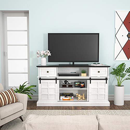 LGHM Entertainment Center, TV Stand for 65 inch TVs, 58\" Farmhouse Wood TV Stand with Sliding Barn Doors, Ideal Media Storage with Front Flip-Up & Slip Drawers for Living Room, Bedroom, White