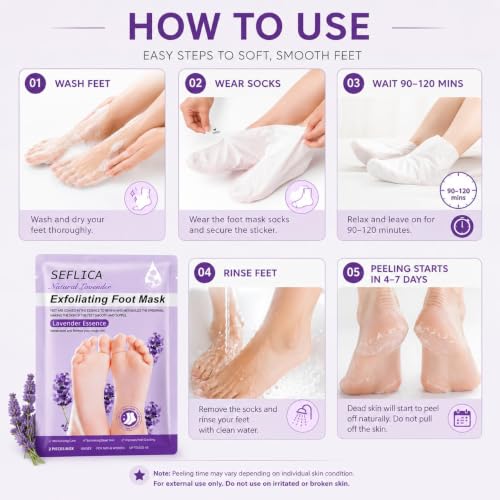 Image of Lavender Foot Peel Mask for Dead Skin Removal | Exfoliating Foot Mask Socks for Dry Rough Cracked Heels | Hydrating Moisturizing Foot Care | 1 Pair
