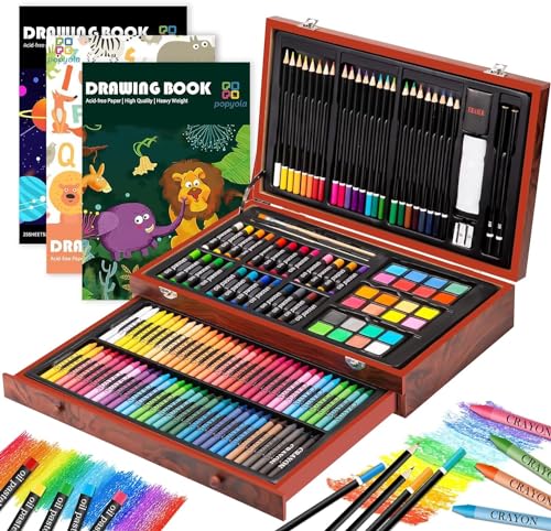 POPYOLA Art Supplies, 147 Piece Deluxe Wood Art Set for Artist, Various Painting Supplies, Including Crayons, Colored Pencils, Oil Pastels, Watercolor Cakes, and All The Tools You Need