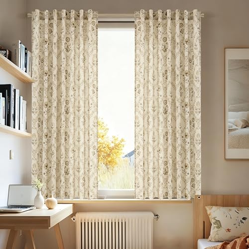 Image of Tan Brown Floral Linen Patterned Sheer Curtains 63 Inch Length 2 Panels