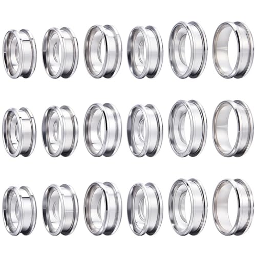 SUNNYCLUE 1 caja 18 piezas de Anillo de Dedo Ranurado de Acero Inoxidable Tamaño EE. UU. 7/8/9/10/11/12 anillos En Blanco con Núcleo de 8 mm de Ancho Vacíos Redondos con Incrustaciones Ranuradas En Bl