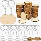 Dreamtop 100 piezas de rodajas de madera natural sin terminar círculos de madera con 50 llaveros y cuerda de cáñamo de 10 m para manualidades, decoración de Navidadcuchillas cortadoras