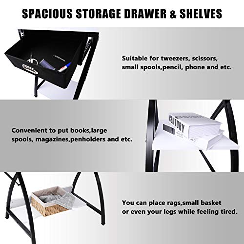 BAHOM 2 in 1 Adjustable Sewing Craft Table Desk with Storage Drawer, Multifunctional Craft Cutting Table with 2 Shelves, Sturdy - White - Thumbnail 3