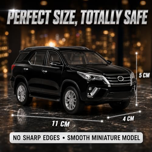 Image of 1:32 Scale Black Fortuner Die Cast Metal Pull Back Toy Car with Openable Doors Lights and Sound Realistic 4x4 SUV Miniature Model Vehicle Collectible Gift for Kids Boys Girls Durable Premium Toy Car