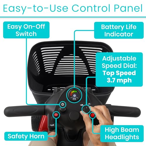 Vive 4 Wheel Mobility Scooter - Electric Powered Wheelchair Device - Compact Heavy Duty Mobile for Travel, Adults, Elderly - Long Range Power Extended Battery with Charger & Basket