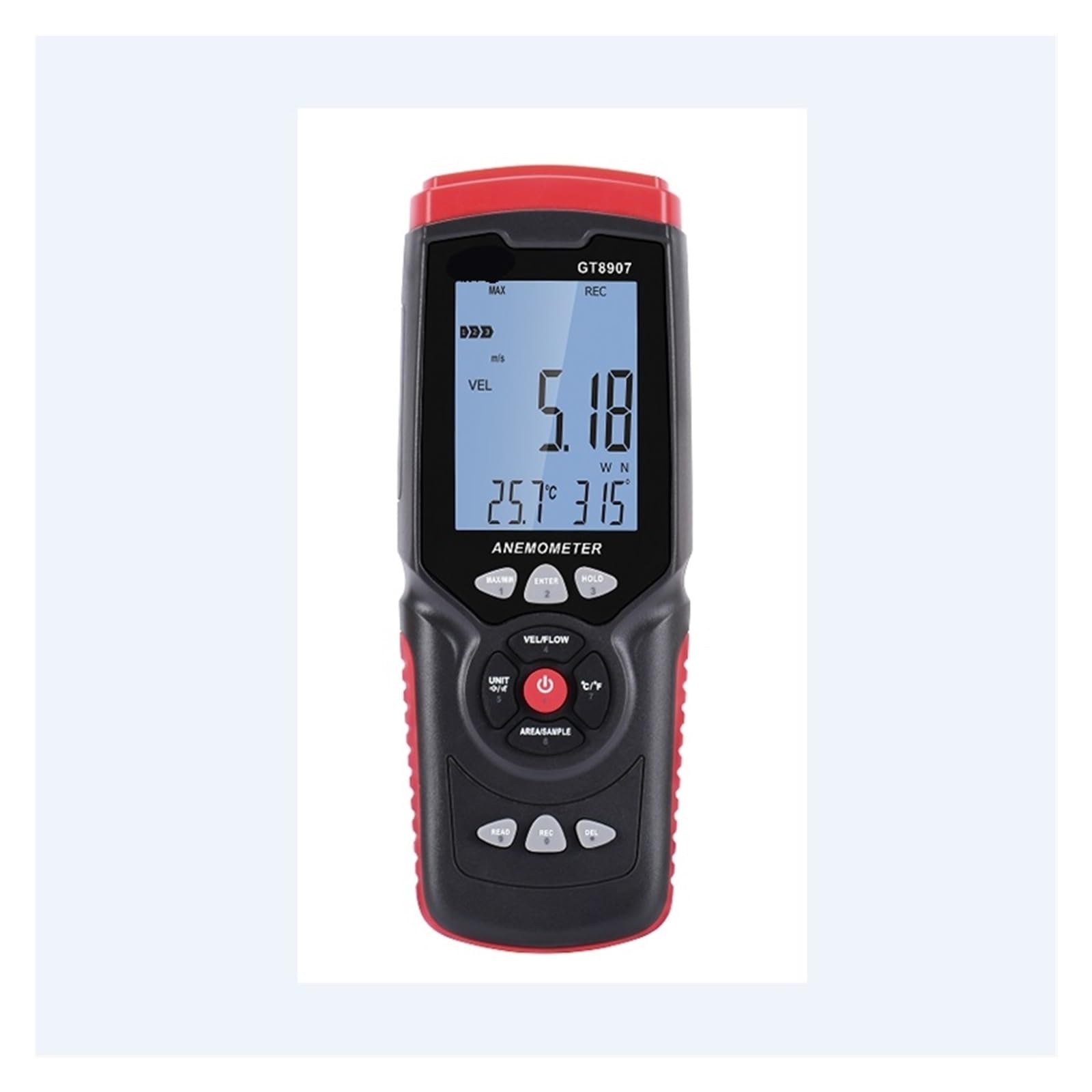 45 m/s Digitales Anemometer, LCD-Windgeschwindigkeit, Temperatur, Luftfeuchtigkeit, Windgeschwindigkeit, Durchflusswert, Messsensor, multifunktionales(GT8913)