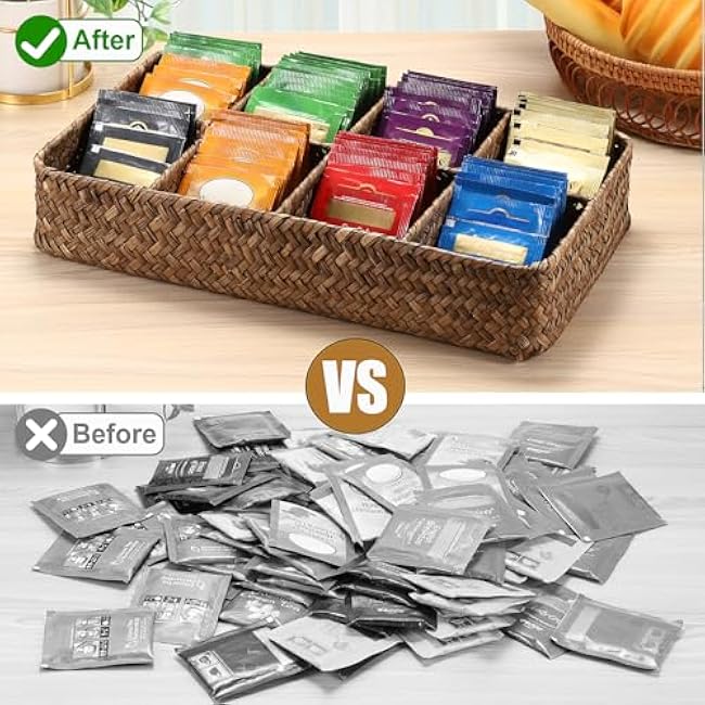 ELLDOO Tea Bag Organizer Tray, 8 Sections Sugar Packet Holder Coffee Pod Storage Condiment Organizer Seagrass Divided Basket for Pantry Drawer Shelf Countertop, Coffee