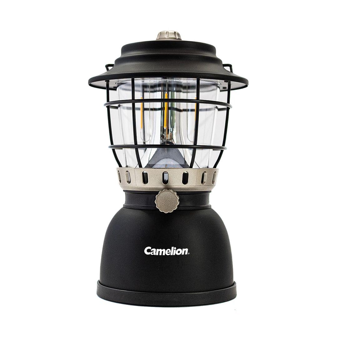 Camelion Rechargeable LED Camping Lantern, 800 Lumens, Dimmable, Black | Vintage Retro Design, Warm & White Light Modes, 4400mAh Rechargeable Battery, Stepless Brightness Control, Anti-Slip Base