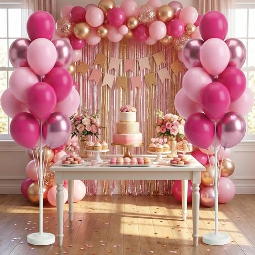 Image of Pink Balloon Column Kit Floor Set of 2-Balloon Tower Stand Sticks with Water Base&Pole,Balloon Pillar Backdrop For Baby Shower Graduation Retirement Engagement Tea Casino Party Decor