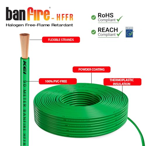 Image of KEI BANFIRE- HFFR 1 sqmm 1 Core 99.97% Pure Copper Conductor Heat Resistant Flame Retardant Low Smoke & Halogen - Lead Less House Wire for Domestic & Industrial Electrical Wiring (Green,90 Meters)