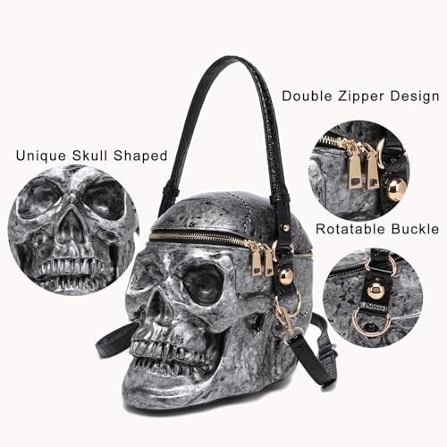 Skull Shaped Purse Crossbody Shoulder Bag Weird Horror Gothic PVC Handbag Halloween Top Handle Bag(Silver)4
