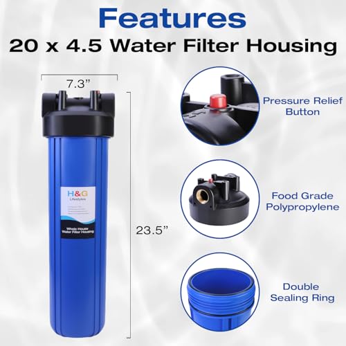 Image of H&G Lifestyles Whole House Water Filter Housing, 20 x 4.5 Blue Canister | Universal Water Filter Canister, Water Filtration System for Well Water City Water, Stainless Steel Bracket, Wrench