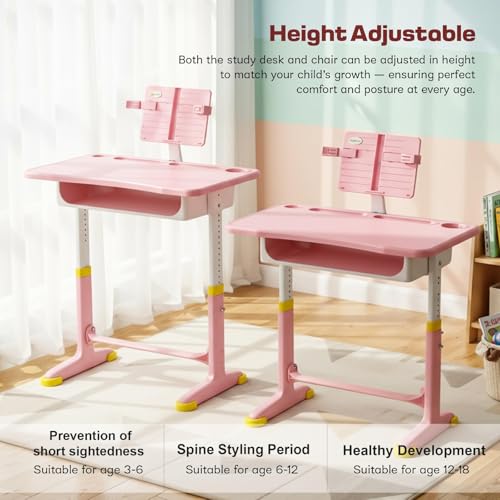 Image of BAYBEE Study Table with Chair for Kids 2+ Years Boys & Girls | 3 Level Height Adjustable Baby Desk Table Set | Ergonomic Kids Table Desk Chair with Book Storage, Tablet, Pen & Bottle Holder (Pink)