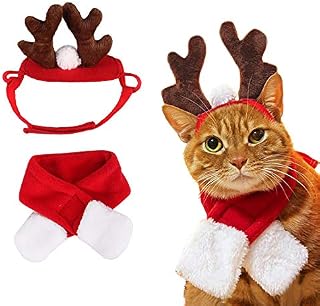 Lifreer Pet Christmas Costume, 1PC Adjustable Antlers Headwear and Scarf Dog Cat Christmas Outfit for Cat Puppy Gift
