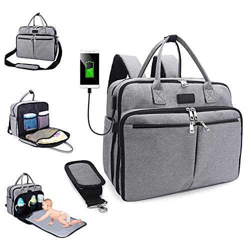 Diaper Bag Backpack Portable Maternity Baby Bag with Changing Pad, Multi-Functional Waterproof Large Travel Capacity Baby Back Pack, with Stylish Stroller Straps (Gray)