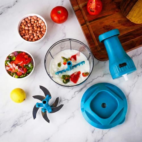 Image of Chopper for Kitchen Use | 650 ml Round Push Chopper with 3 Blades and Whisker | Chopping Vegetables & Fruits, Onion, Ginger, Garlic, Salad, Tomato, Potato (Blue)