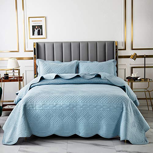 Exclusive Discount 80% Offer mixinni Elegant 3-Piece Blue King Size Quilt Set Embroidery Patterns All Season Soft Cotton Bedspread Coverlet Set, Perfect for Him and Her (3pcs, King Size)