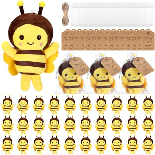 30 Sets Baby Shower Stuffed Bee 5 Inch Plush Soft Bee Keychain with Organza Bags Thank You Tags Rope Cute Realistic Baby Shower Party Favor for Guest Gender Reveal Party Decoration Souvenirs