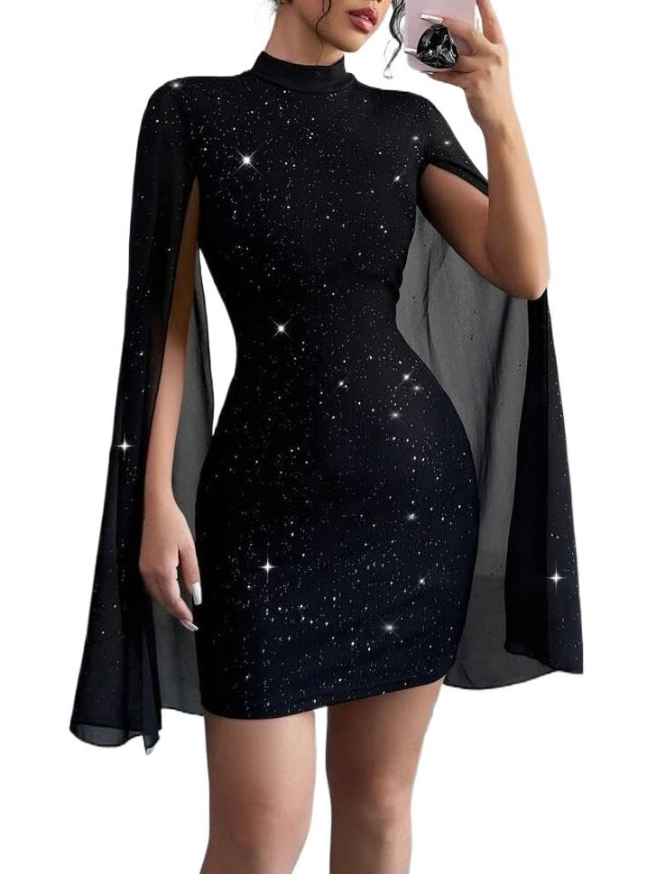 IQLWI Women's Sexy Glitter Mini Dress Mock Neck Cloak Sleeve Cocktail Shimmering Elegant Dresses Wedding Guest Party Evening (US, Alpha, X-Large, Regular, Regular, Sparkle Black)