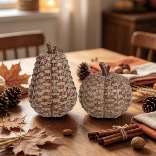 Image of winemana 2 Pack Fall Pumpkin Decor, Woven Resin Pumpkins for Indoor Home | Distressed Finish, Rustic Farmhouse Style, Artificial Pumpkin for Table Centerpiece Mantel, Thanksgiving Autumn Decorations