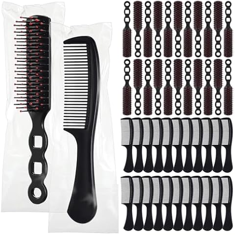 SiliFine 96 Pcs Bulk Hair Brush Combs for Homeless Individually Wrapped Hair Brush and Comb Set Detangling Hairbrush for Women Hotel Nursing Charity(Black) Cover