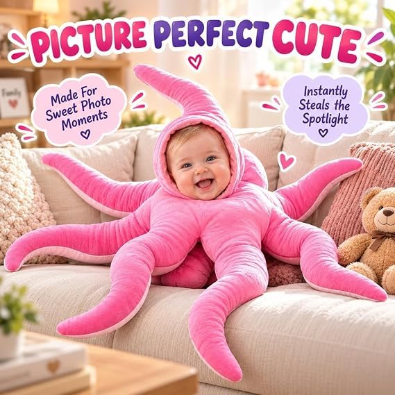 Baby Octopus Costume Halloween Cozy Plush Hooded Toddler Fish Outfit - image 5