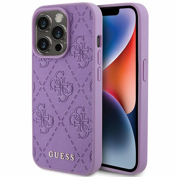 GUESS GUHCP15LP4EPMU Étui pour iPhone 15 Pro 6,1" Violet Rigide en Cuir estampé 4G
