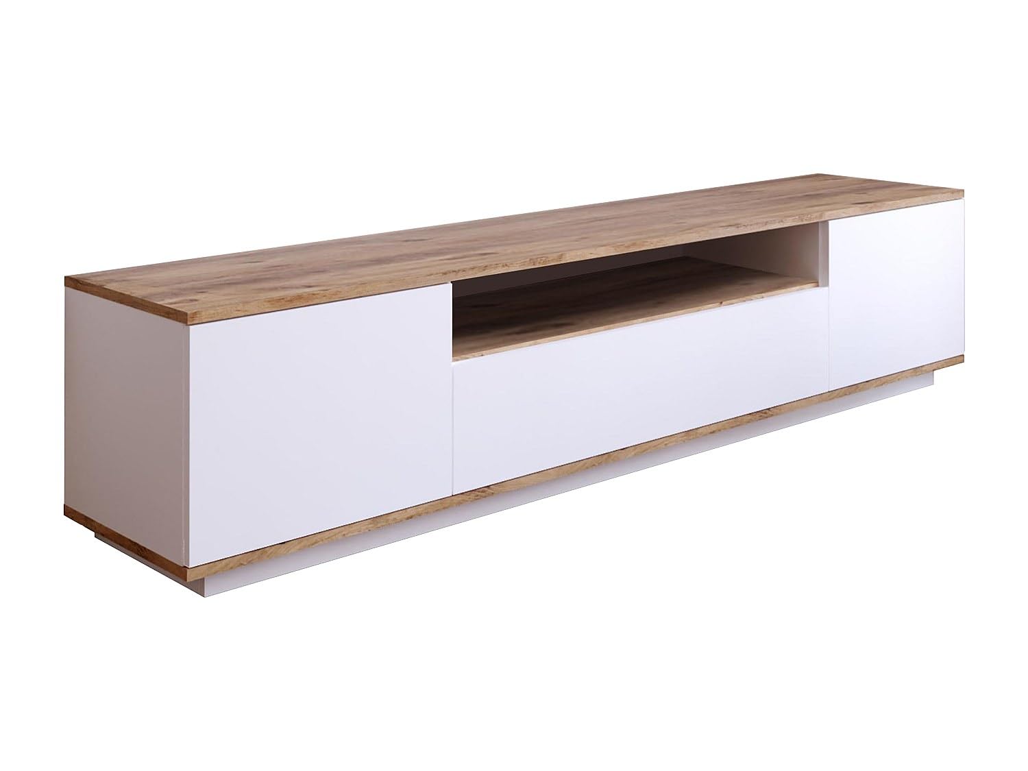 Vente-​unique - Meuble TV LOTULA avec 3 Portes et 1 Niche Ouverte – Structure en Panneaux de Particules Blanc et Bois Naturel, Design Moderne avec Grand Espace de Rangement, idéal Salon Contemporain